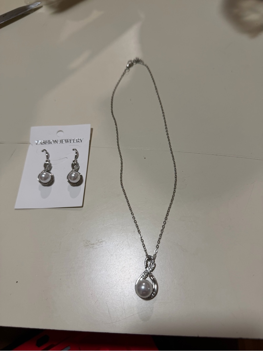 Silver Pearl Drop Necklace with Matching Earrings